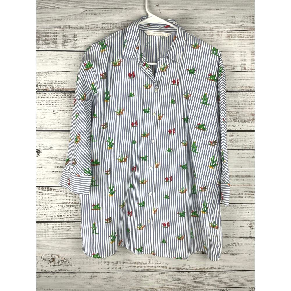 Zara White Blue Stripe Button Down Cactus Plant Top XS Oversized Coastal Casual